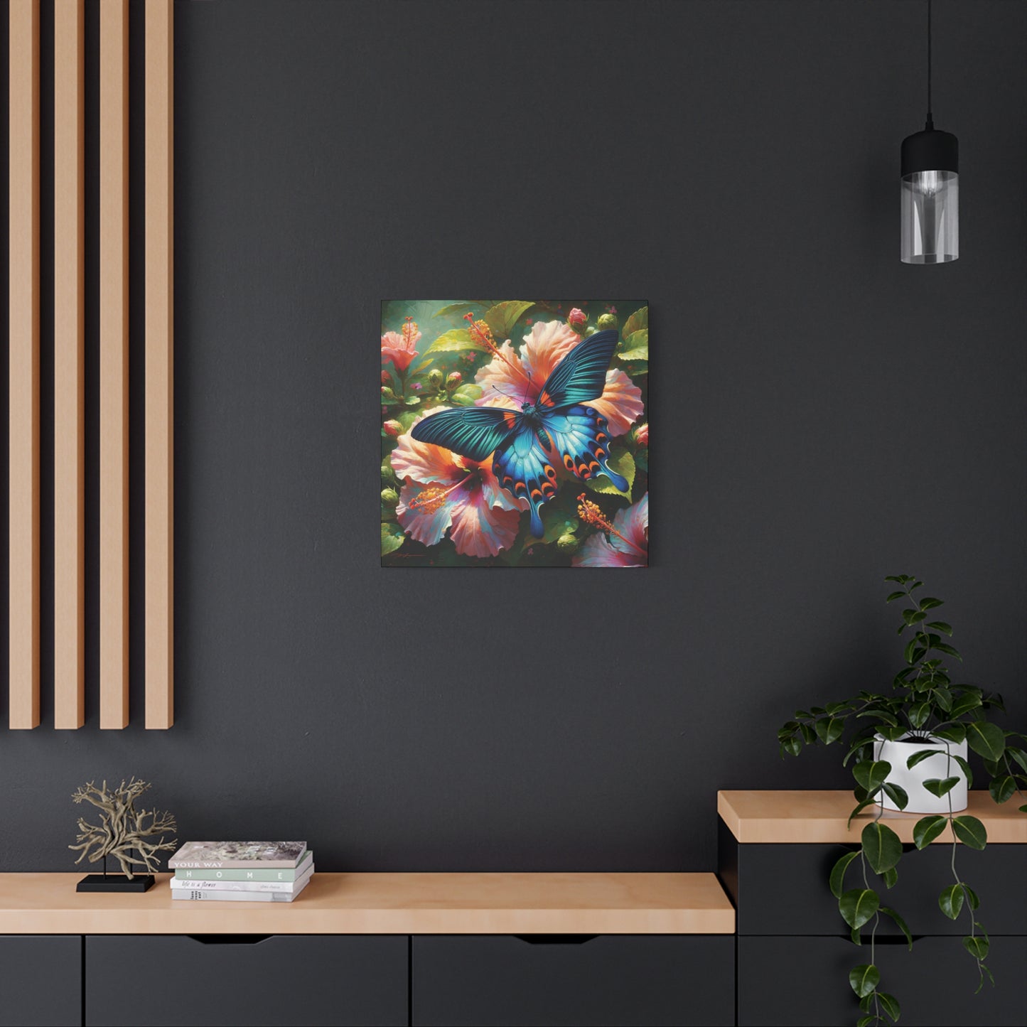 Butterfly Canvas Wall Art - Blue Butterfly with Hibiscus, Impressionist Art Style