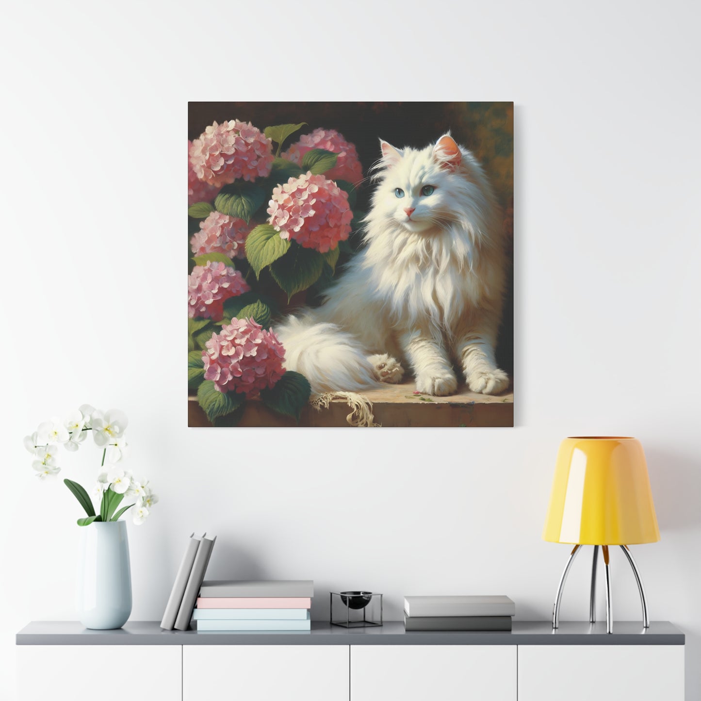 Canvas Wall Art - Blue-Eyed White Cat with Pink Hydrangeas, Impressionist Style Square Print