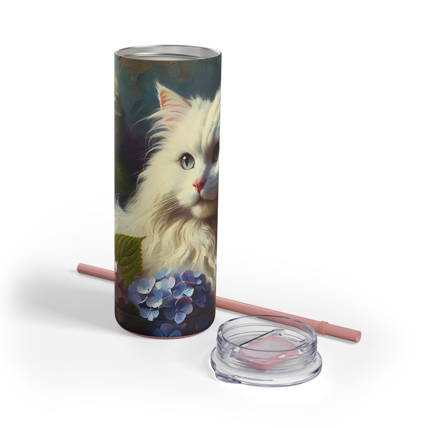 Travel Mug - The Artist's White Cat with Hydrangeas - Impressionist Art Style