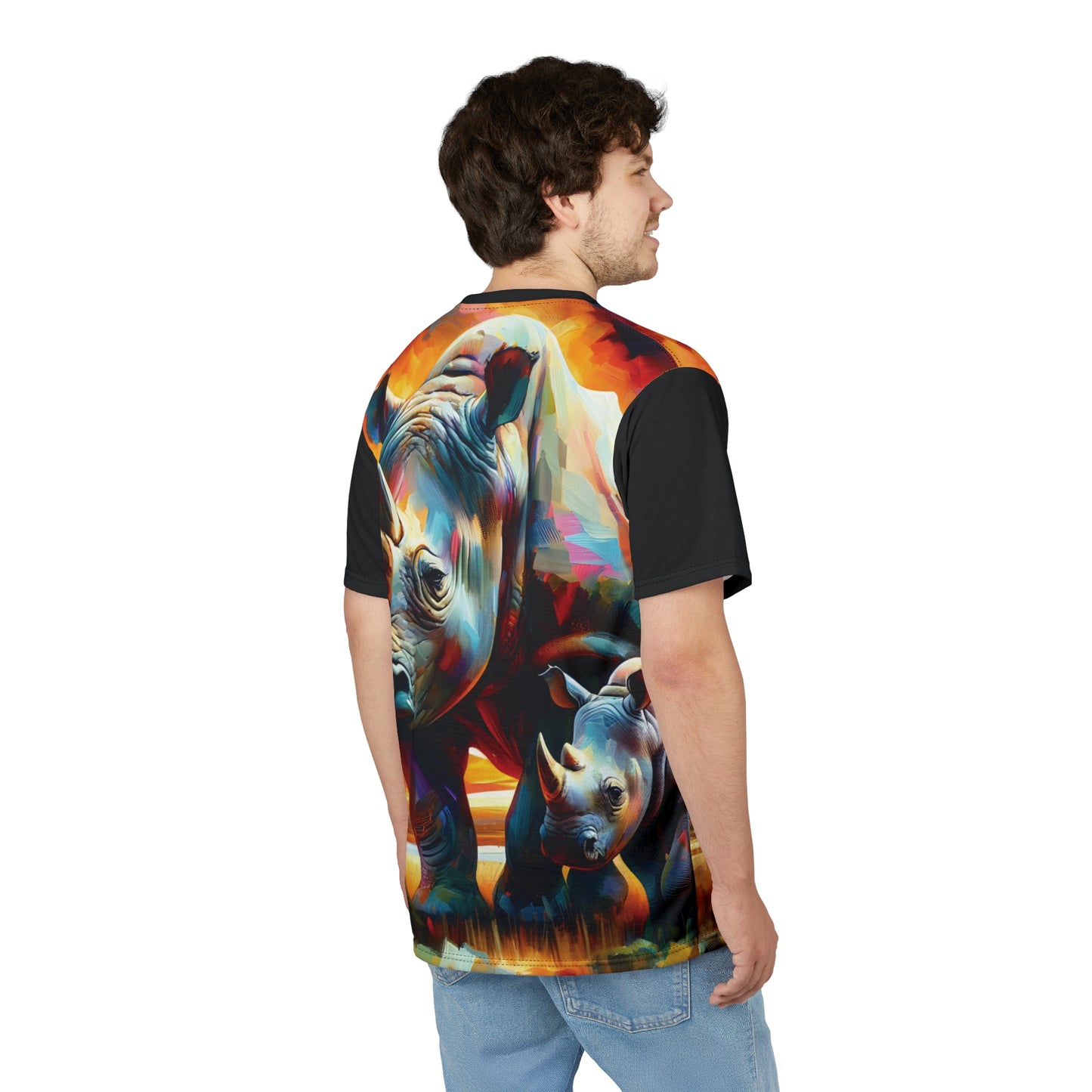 Rhinos at Sunset Art Tee | Colorful Unisex Cut & Sew T-Shirt, Wildlife Apparel, Unique Graphic Tee, Birthday Gift