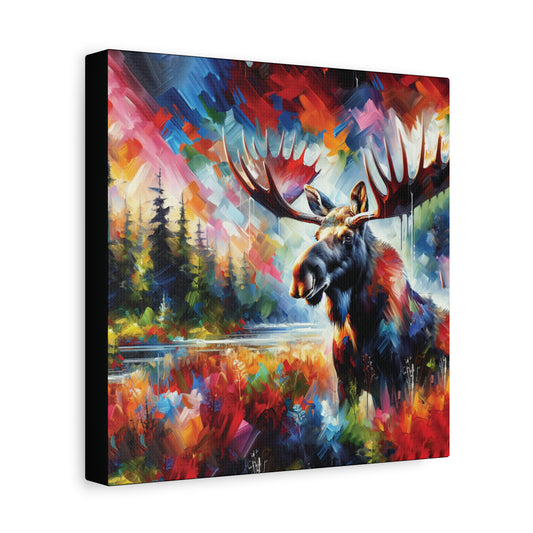 Colorful painting of a moose by a lake with a vibrant background