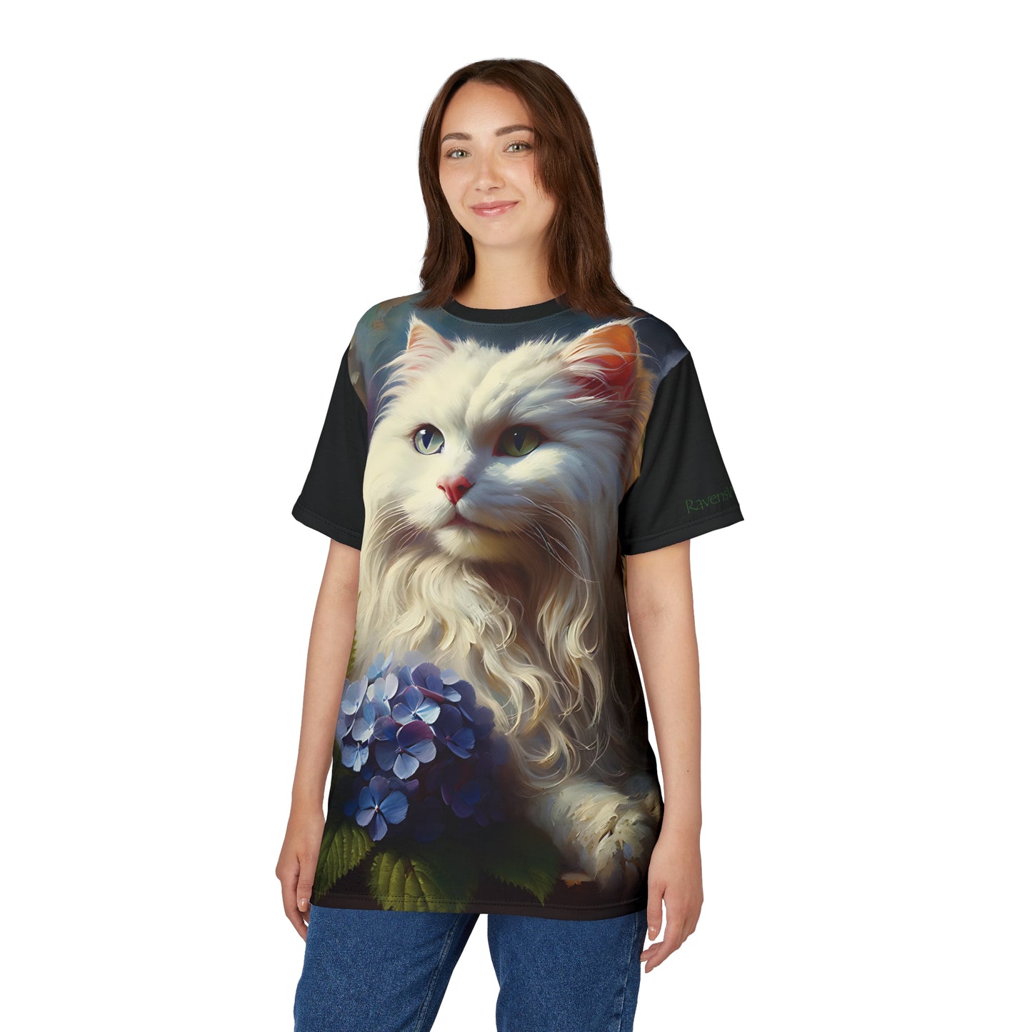 Young White Cat with Hydrangeas Vibrant Art Tee | Colorful Unisex Cut & Sew T-Shirt, Cat Lover Apparel, Unique Graphic Tee, Birthday Gift