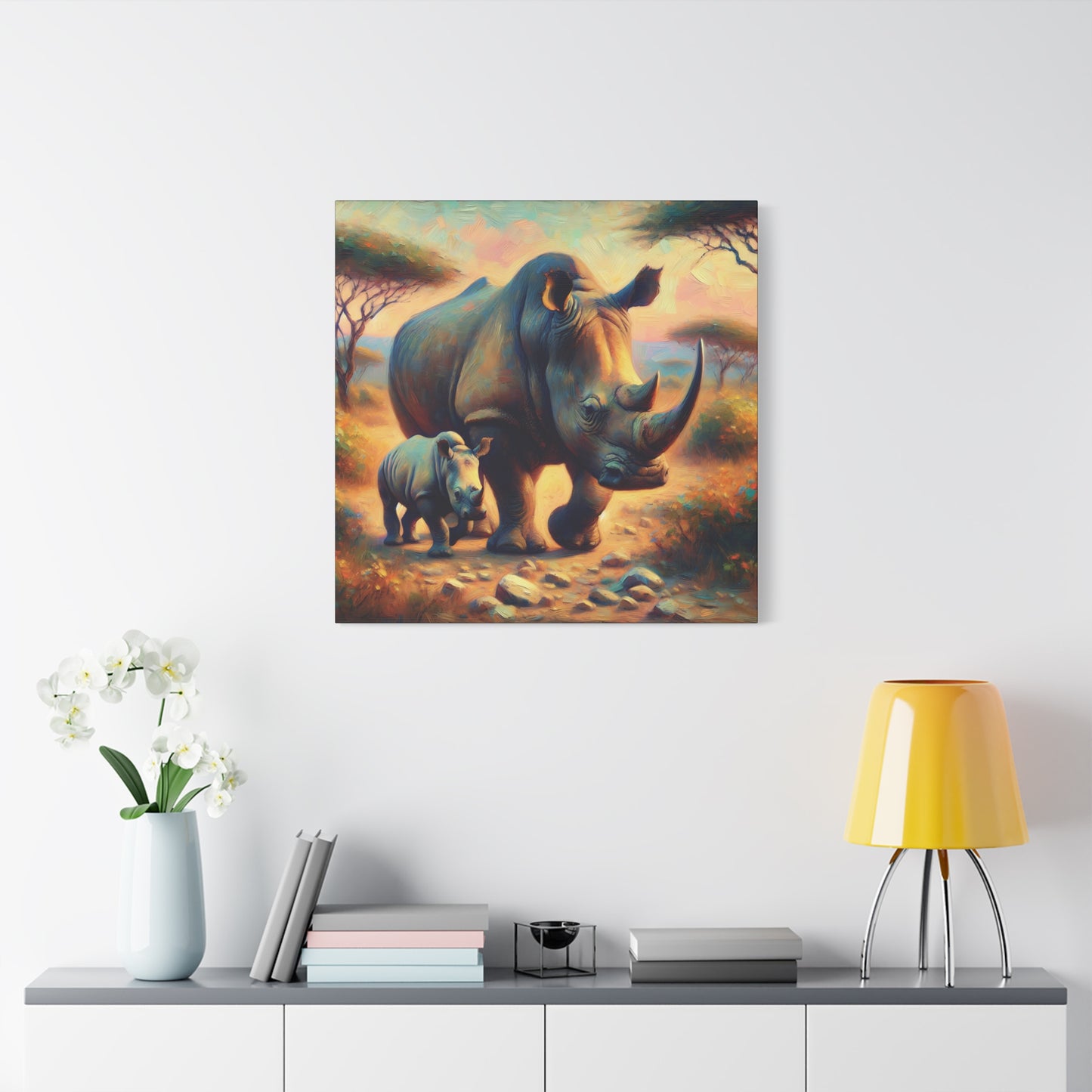 Rhino with Baby Impressionist Canvas Wall Art