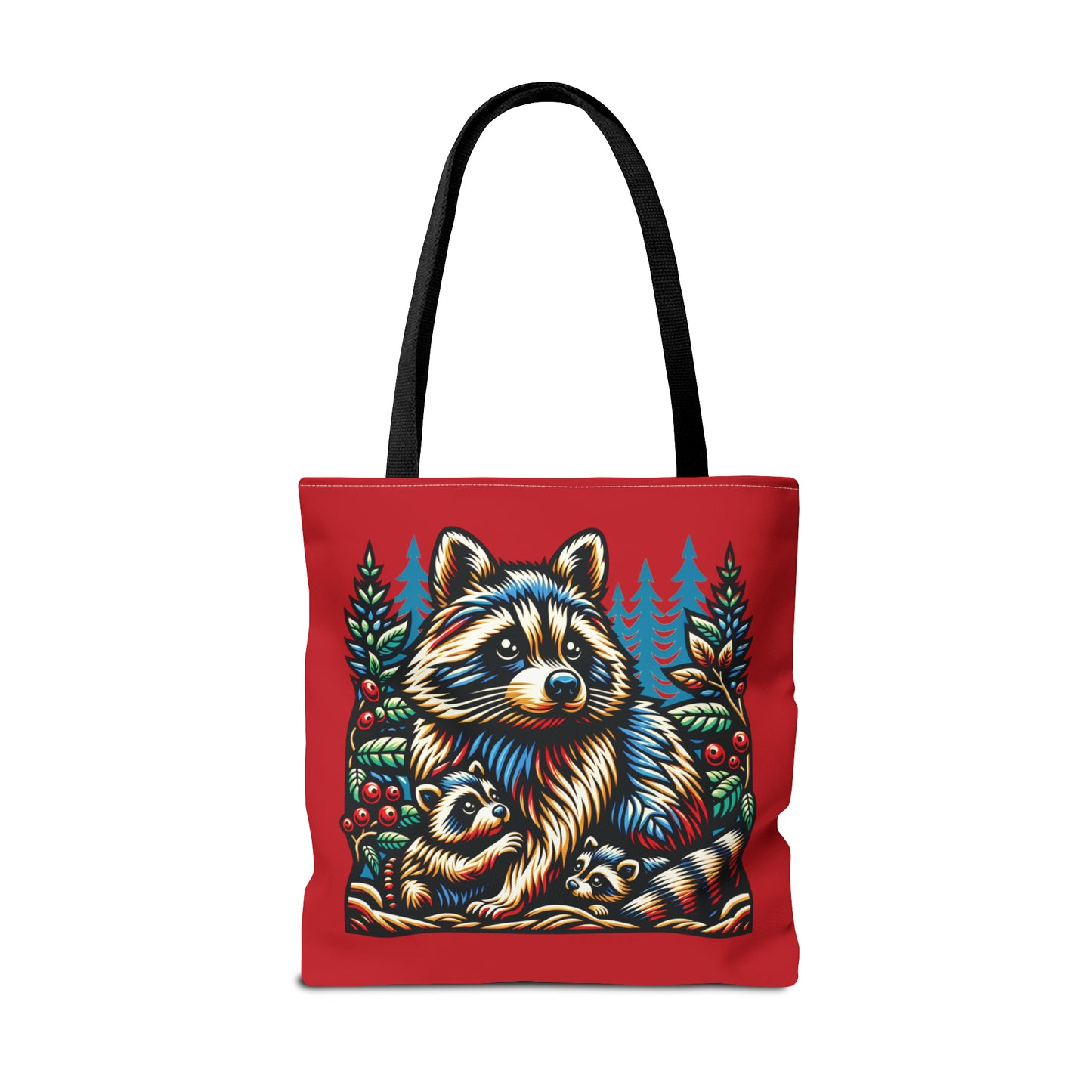 Woodcut Raccoon and Kits Tote Bag