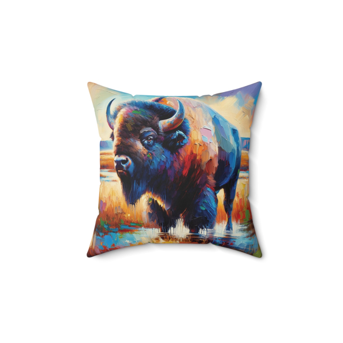 Lone Bison After Rain -  Square Throw Pillows