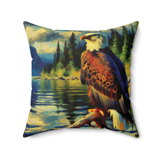 Decorative pillow with an eagle and nature scene design