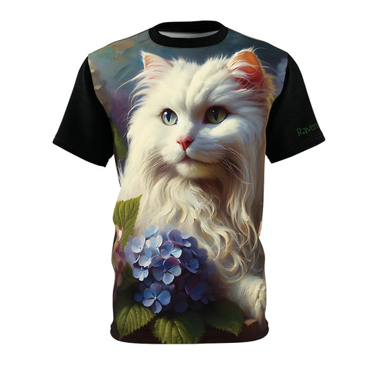 Young White Cat with Hydrangeas Vibrant Art Tee | Colorful Unisex Cut & Sew T-Shirt, Cat Lover Apparel, Unique Graphic Tee, Birthday Gift