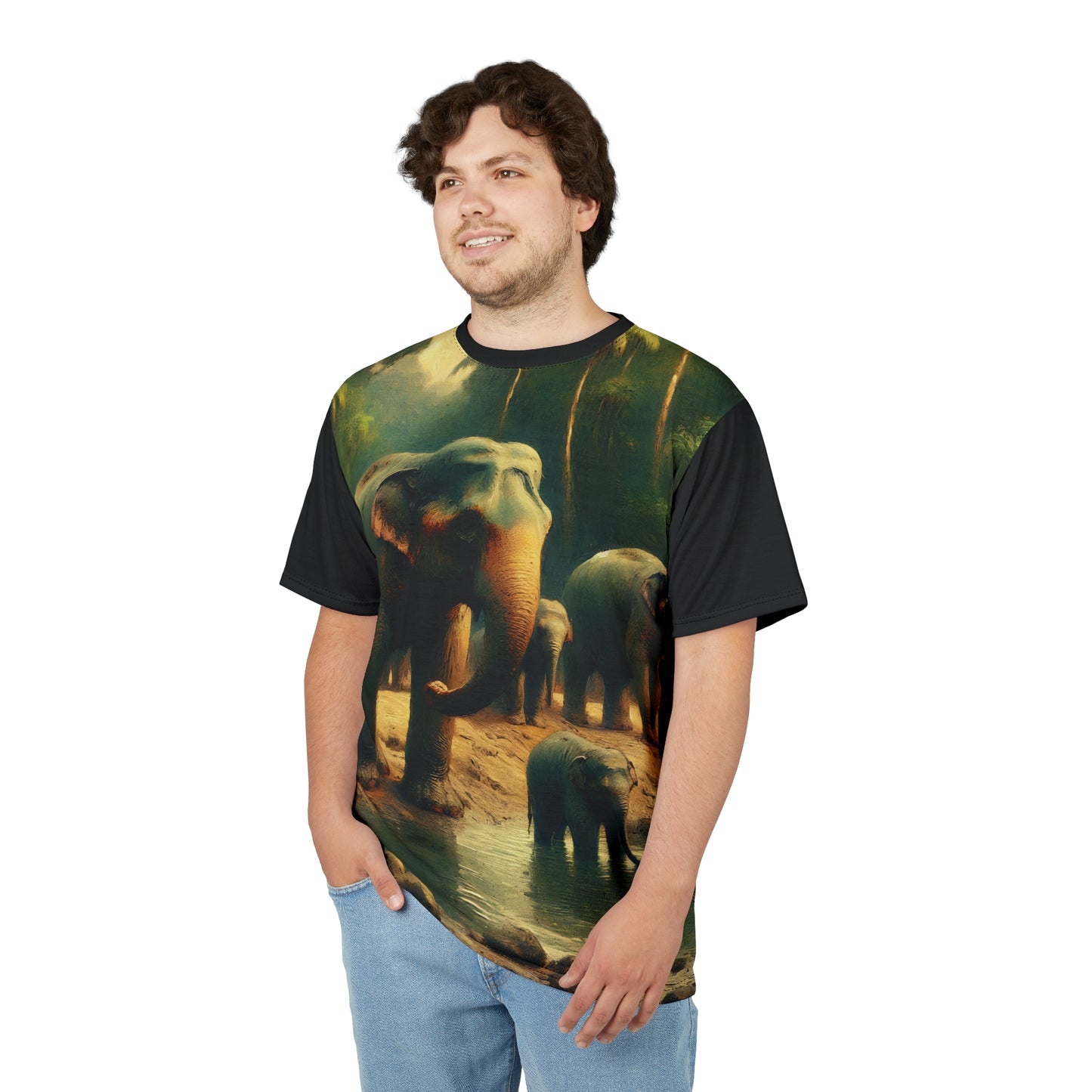 Asiatic Elephant Herd at Watering Hole Vibrant Art Tee | Colorful Unisex Cut & Sew T-Shirt, Wildlife Apparel, Unique Graphic Tee, Birthday Gift