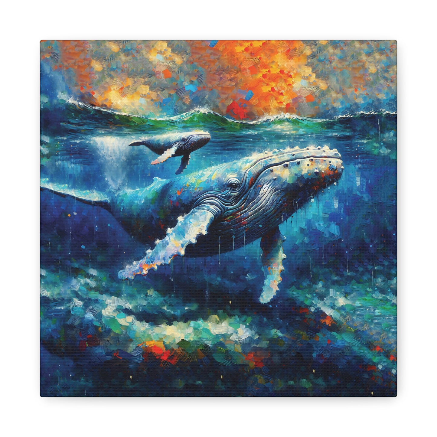 Humpback Whale and Calf Expressionist Canvas Art Print