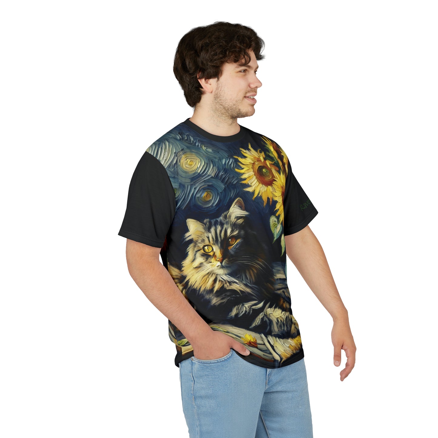 Grey Tabby Cat with Sunflowers Vibrant Art Tee | Colorful Unisex Cut & Sew T-Shirt, Cat Lover Apparel, Unique Graphic Tee, Birthday Gift