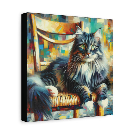 Canvas print of a colorful cat painting on a chair