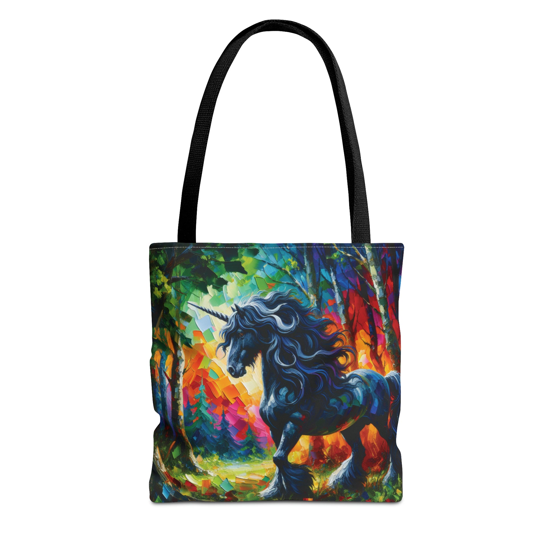A tote bag featuring a colorful print of a black unicorn in a forest setting, with a black handle.