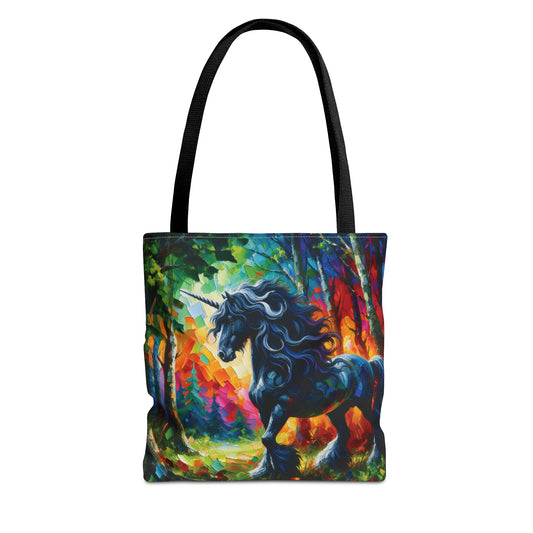 A tote bag featuring a colorful print of a black unicorn in a forest setting, with a black handle.