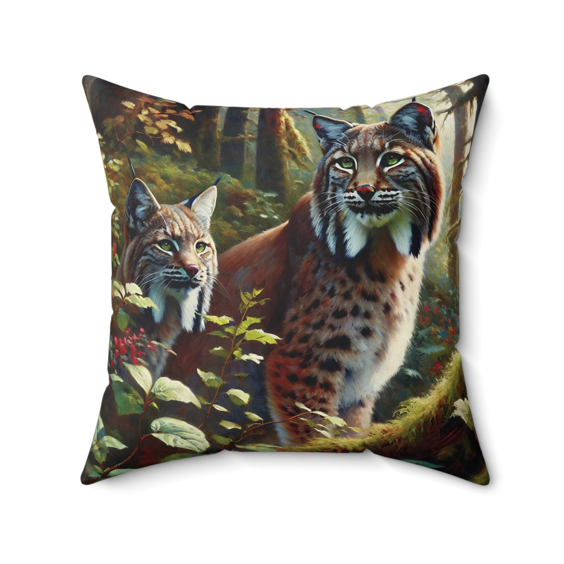 Decorative pillow with lynx design in a forest setting