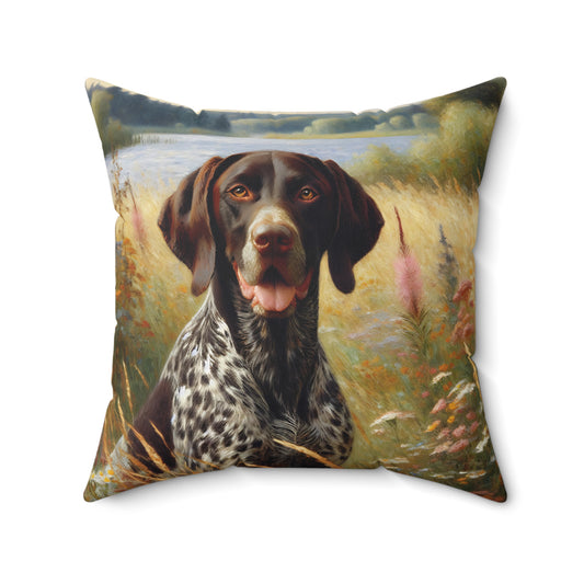 Pointer Throw Pillow - German Shorthaired Pointer by Lake, Impressionist Style Art on Faux Suede Square Pillow