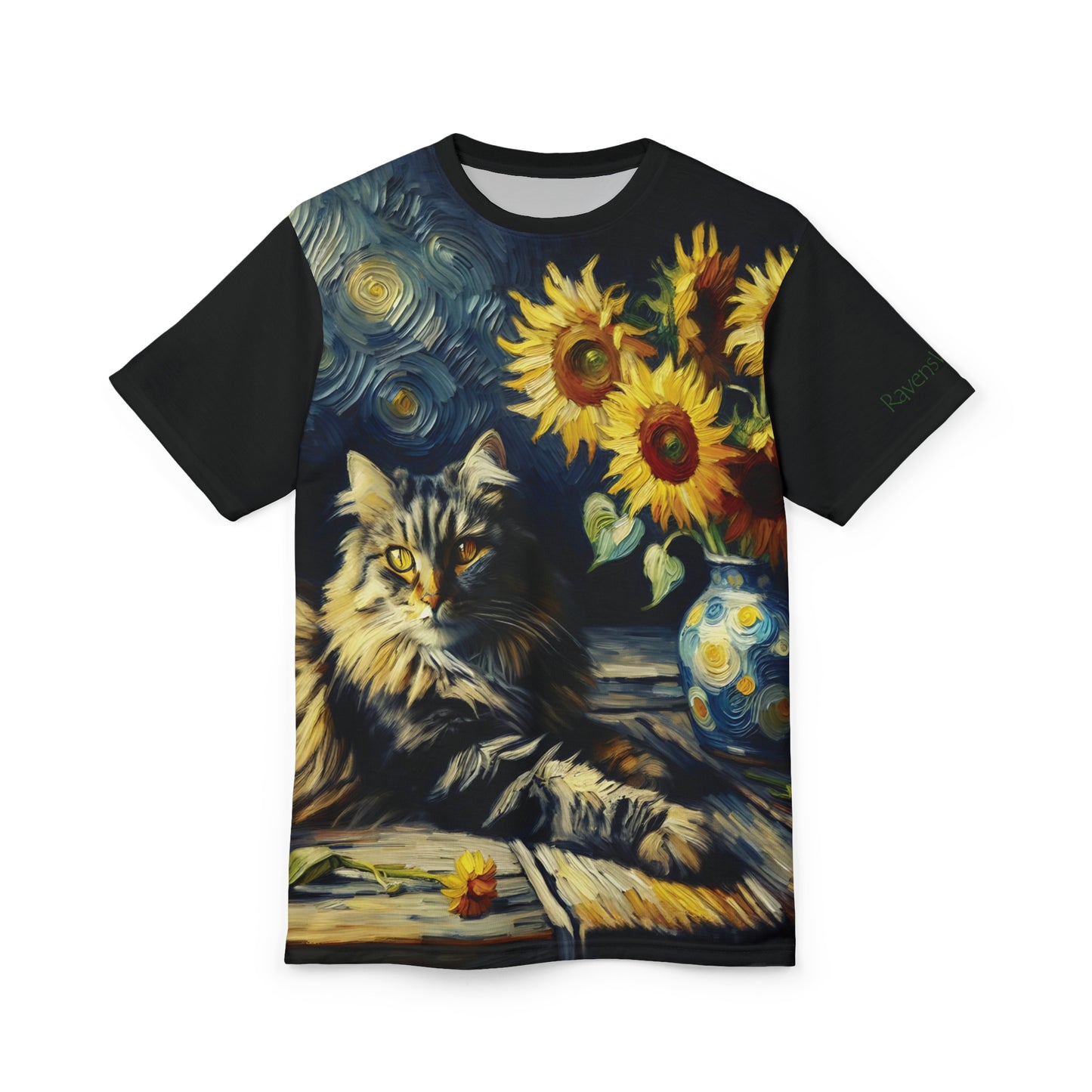Grey Tabby Cat with Sunflowers Vibrant Art Tee | Colorful Unisex Cut & Sew T-Shirt, Cat Lover Apparel, Unique Graphic Tee, Birthday Gift