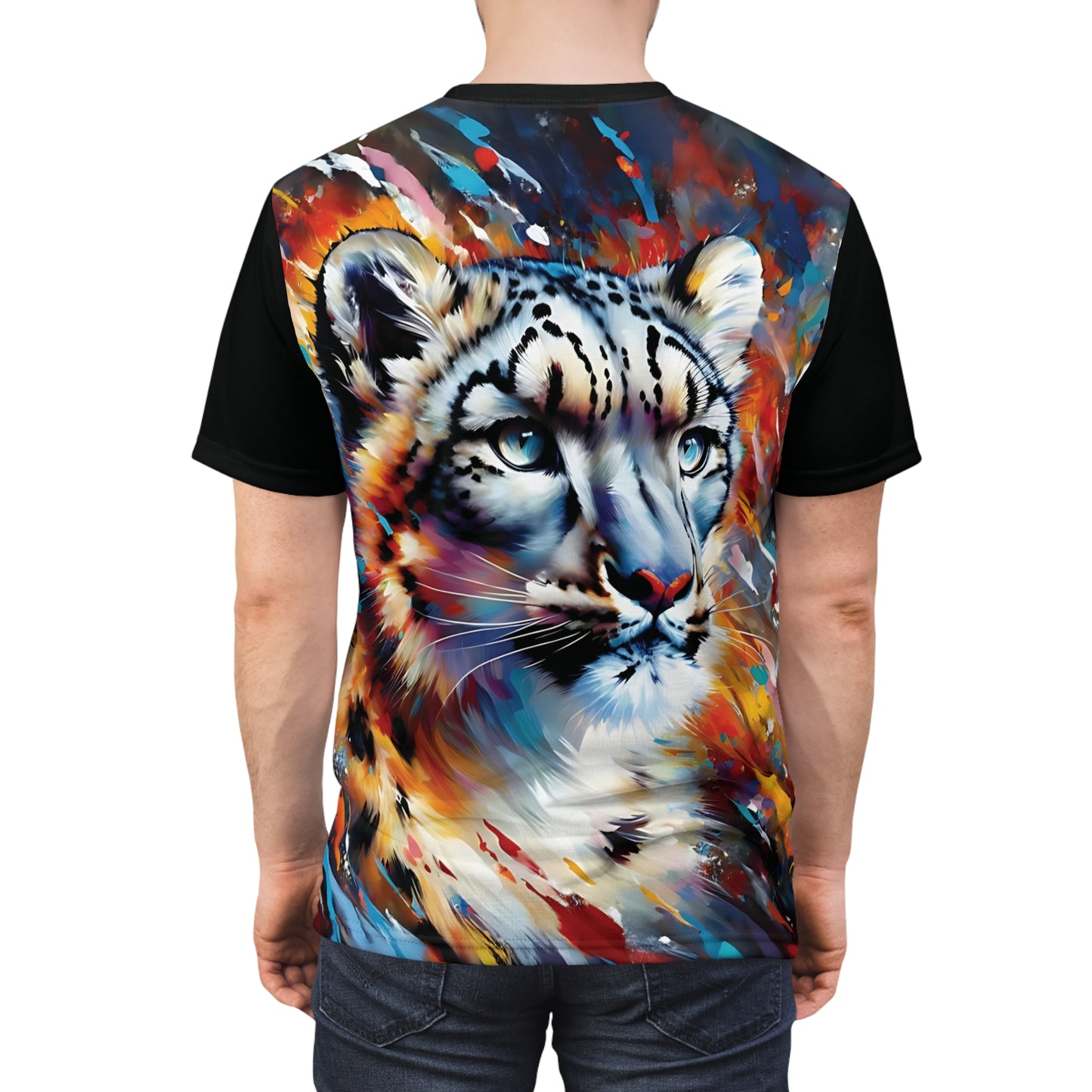 Colorful Snow Leopard Vibrant Art Tee | Colorful Unisex Cut & Sew T-Shirt, Wildlife Apparel, Unique Graphic Tee, Birthday Gift