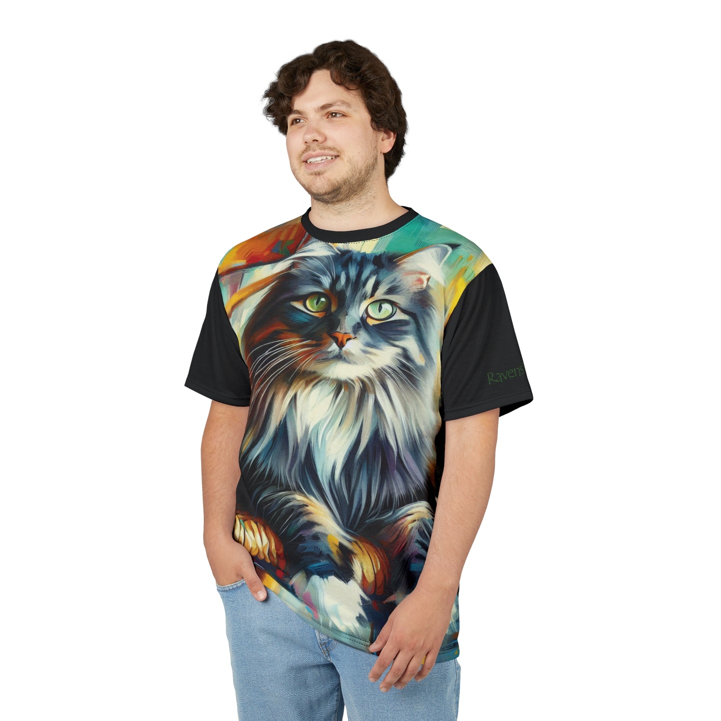 Longhaired Cat on Wooden Chair Vibrant Art Tee | Colorful Unisex Cut & Sew T-Shirt, Wildlife Apparel, Unique Graphic Tee, Birthday Gift