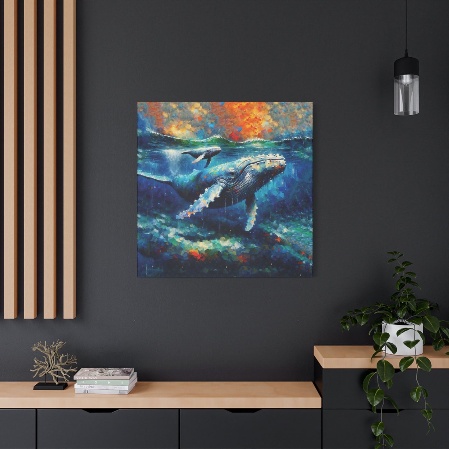 Humpback Whale and Calf Expressionist Canvas Art Print