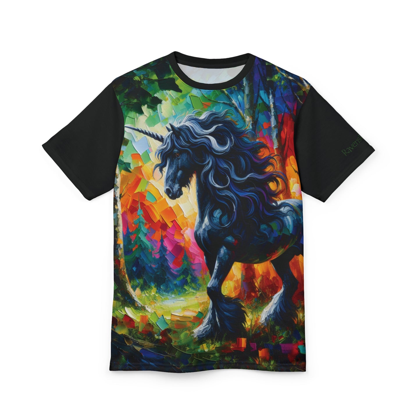 Elegant Black Stallion Unicorn Art Tee | Colorful Unisex Cut & Sew T-Shirt, Wildlife Apparel, Unique Graphic Tee