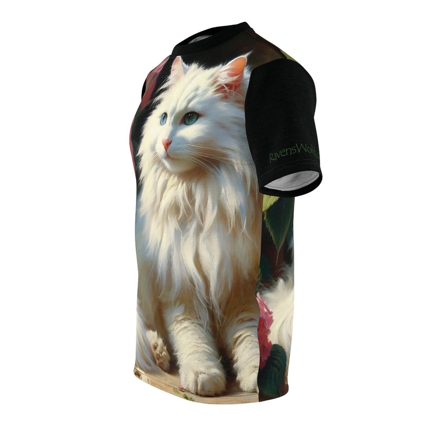 Blue-Eyed White Cat with Pink Hydrangeas Vibrant Art Tee | Colorful Unisex Cut & Sew T-Shirt, Wildlife Apparel, Unique Graphic Tee, Birthday Gift