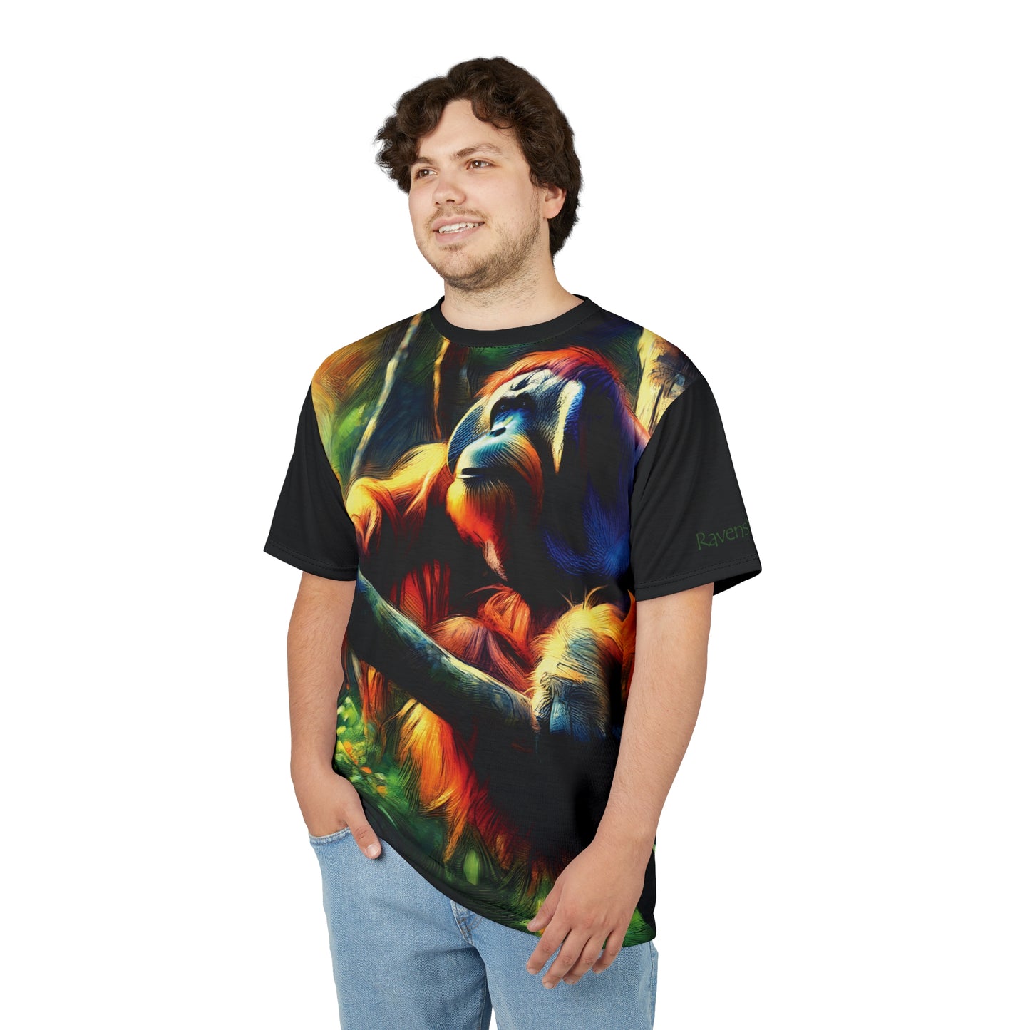Orangutan in Tree Vibrant Art Tee | Colorful Unisex Cut & Sew T-Shirt, Wildlife Apparel, Unique Graphic Tee, Birthday Gift