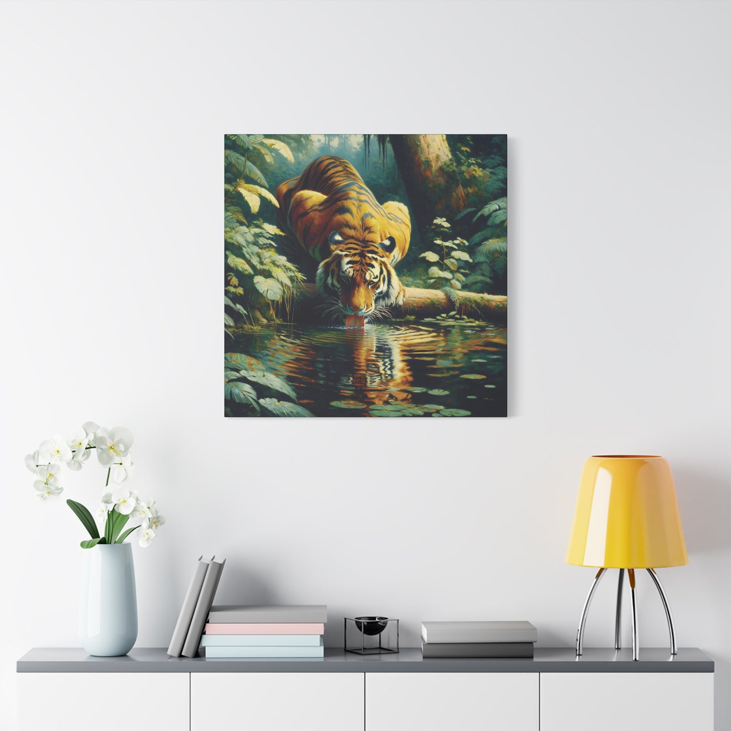 Tiger at Pond Impressionist Canvas Art Print