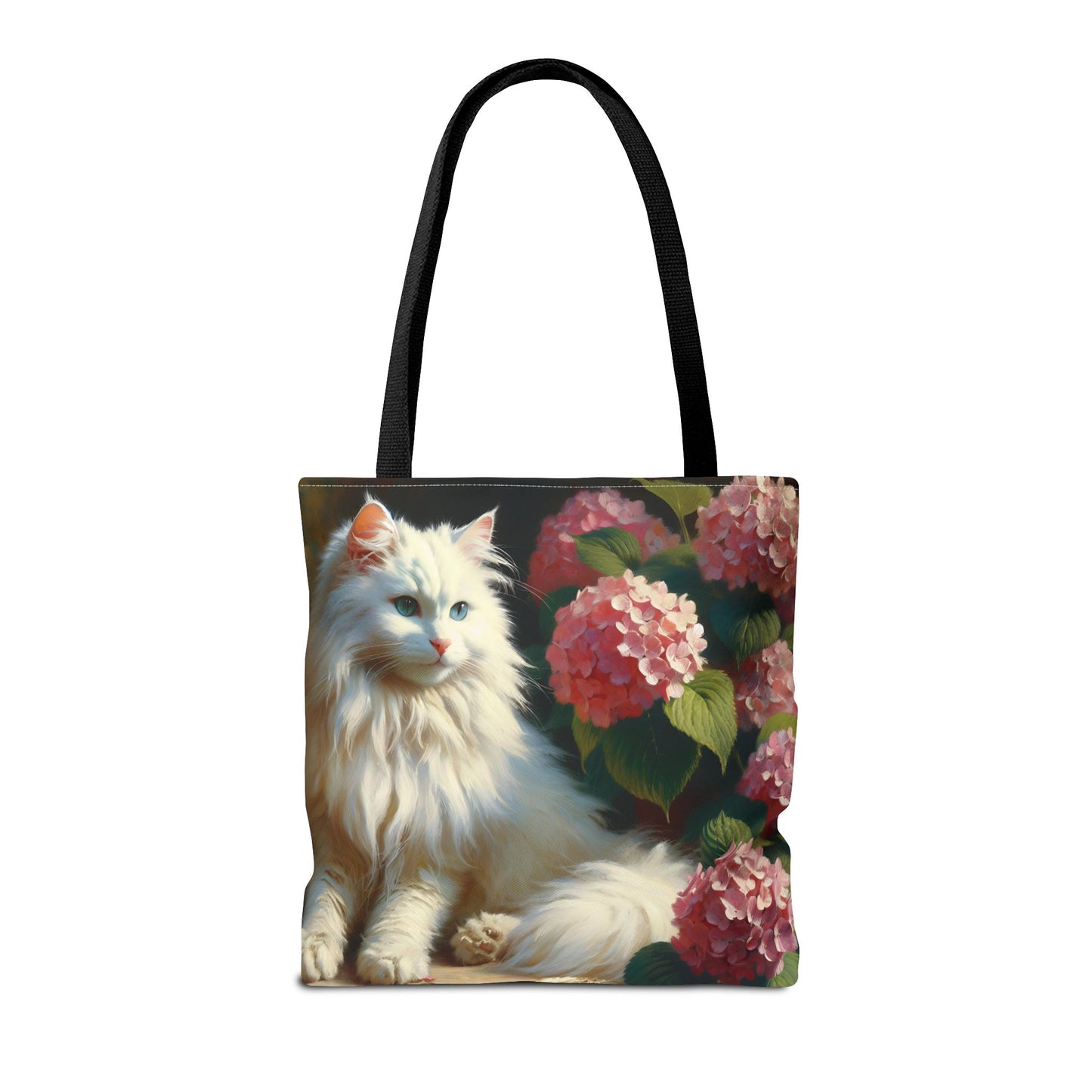 Cat Tote Bag with Pink Hydrangeas - Impressionist Style Art