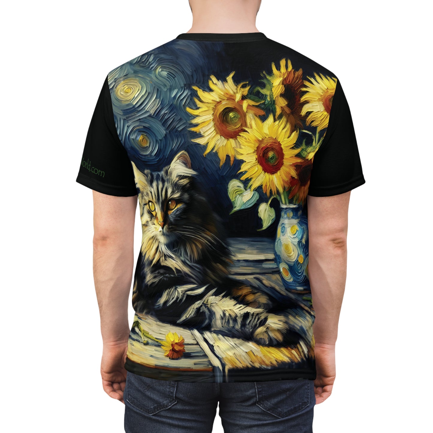 Grey Tabby Cat with Sunflowers Vibrant Art Tee | Colorful Unisex Cut & Sew T-Shirt, Cat Lover Apparel, Unique Graphic Tee, Birthday Gift