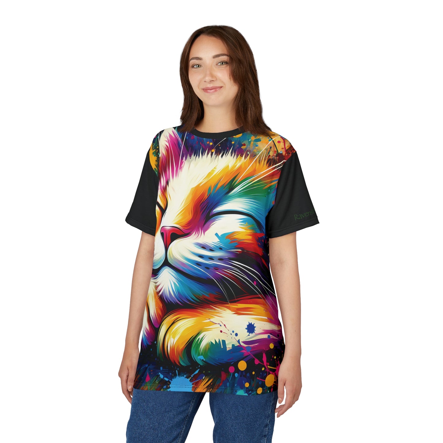Contented Cat Vibrant Art Tee | Colorful Unisex Cut & Sew T-Shirt, Wildlife Apparel, Unique Graphic Tee, Birthday Gift