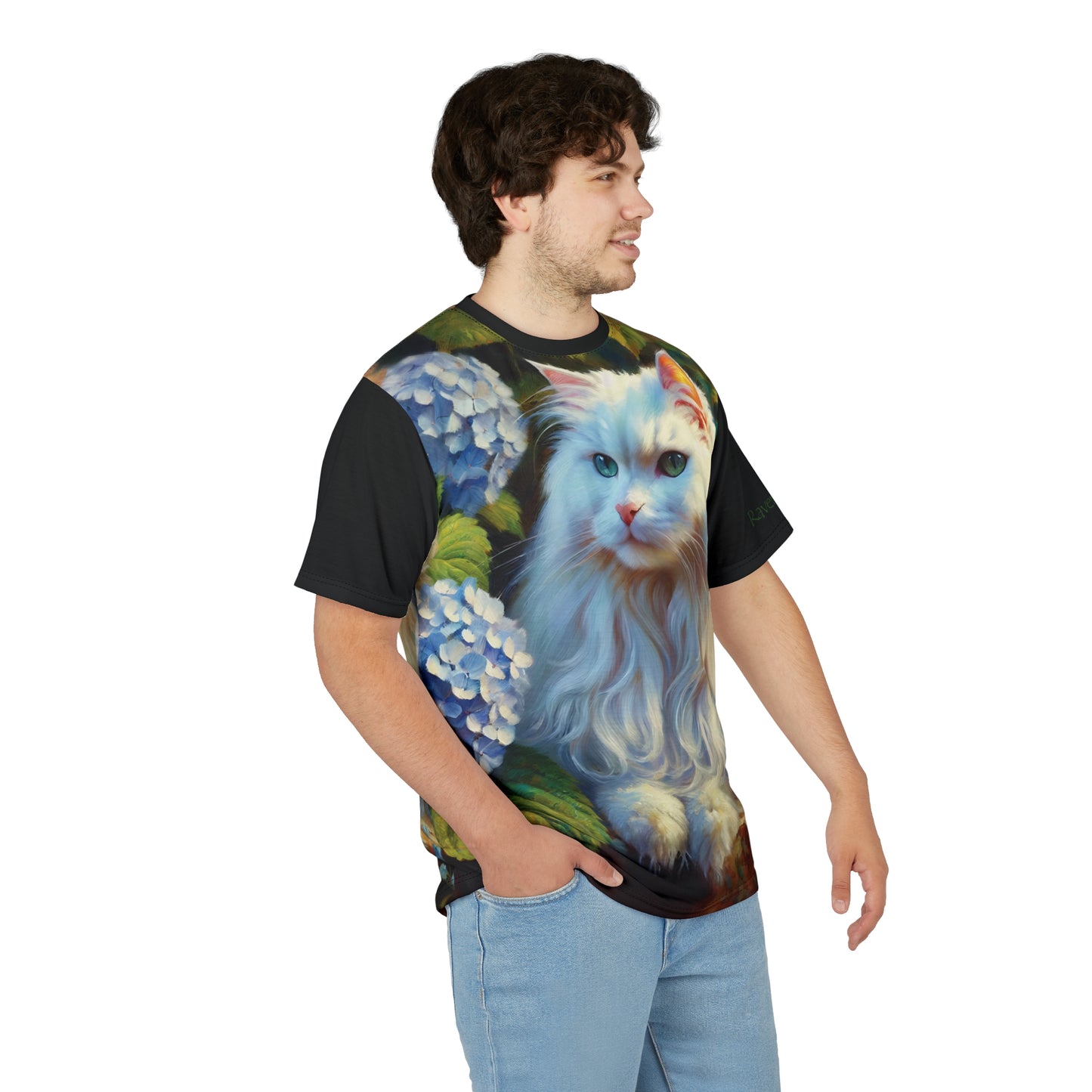 White Cat with Hydrangeas Vibrant Art Tee | Colorful Unisex Cut & Sew T-Shirt, Cat Lover Apparel, Unique Graphic Tee, Birthday Gift