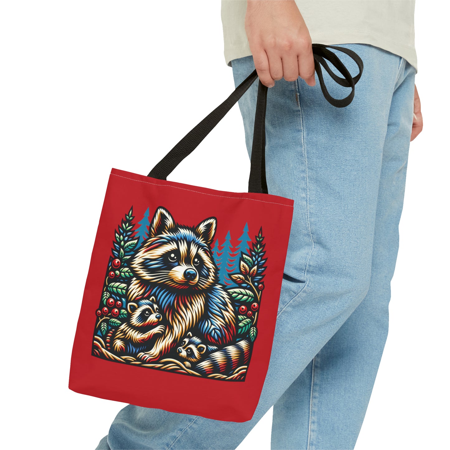 Woodcut Raccoon and Kits Tote Bag