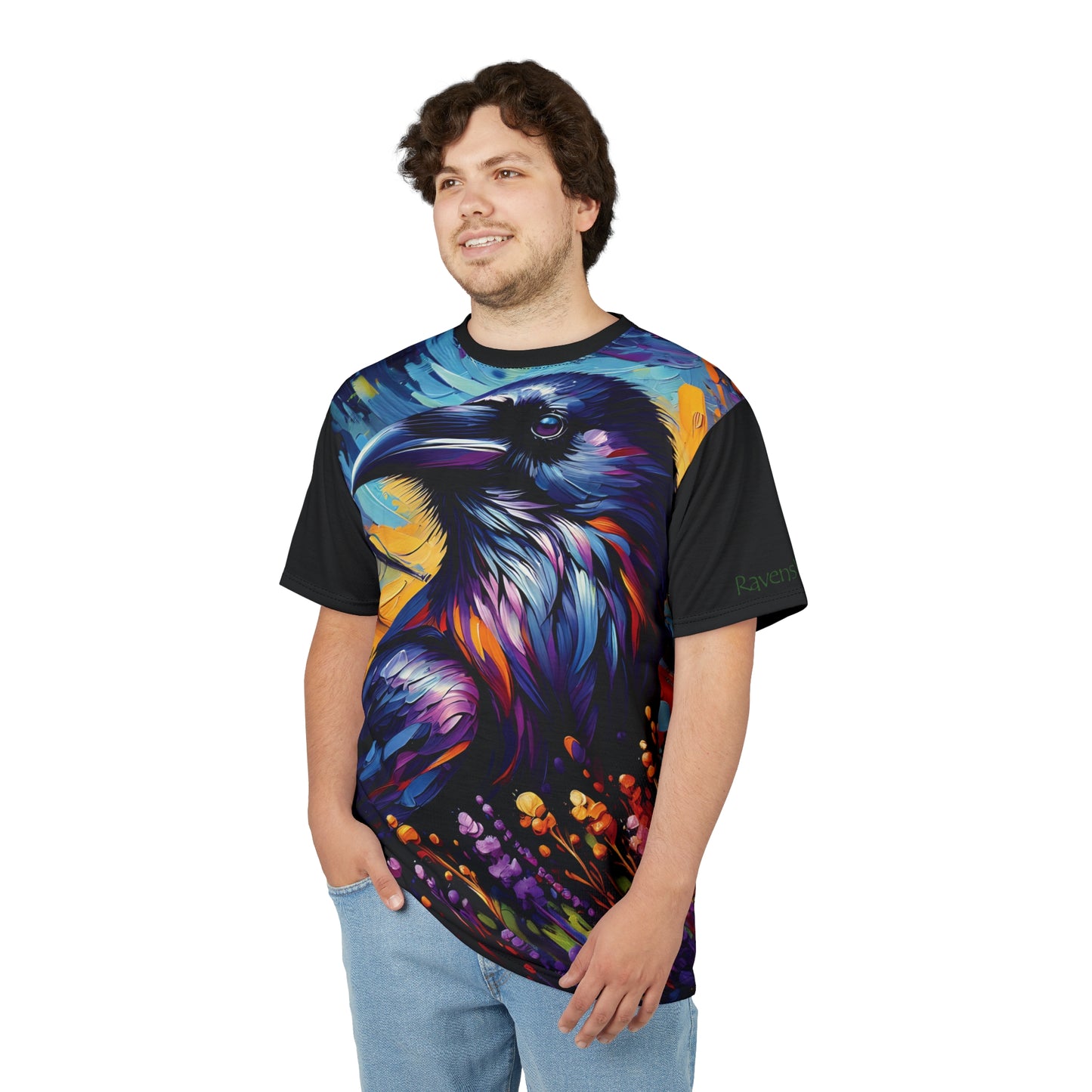 Colorful Raven Portrait Vibrant Art Tee | Colorful Unisex Cut & Sew T-Shirt, Wildlife Apparel, Unique Graphic Tee, Birthday Gift