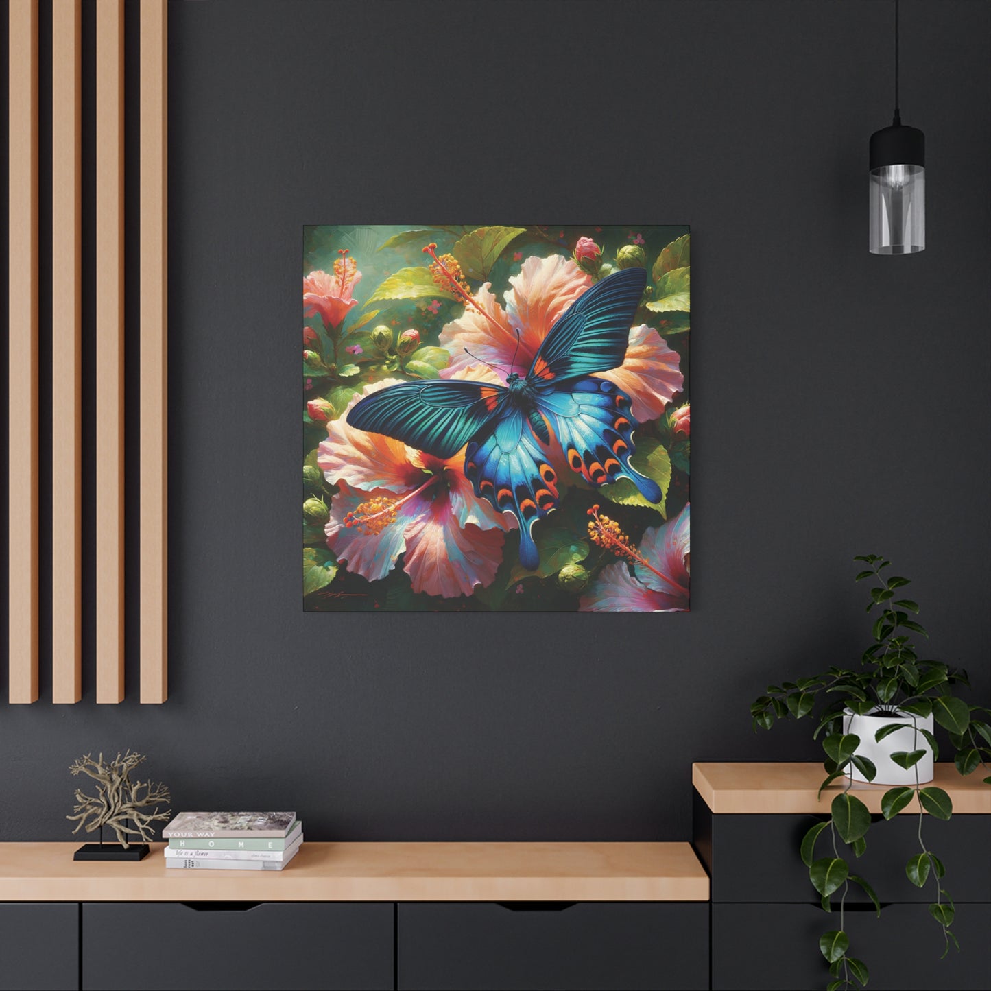 Butterfly Canvas Wall Art - Blue Butterfly with Hibiscus, Impressionist Art Style
