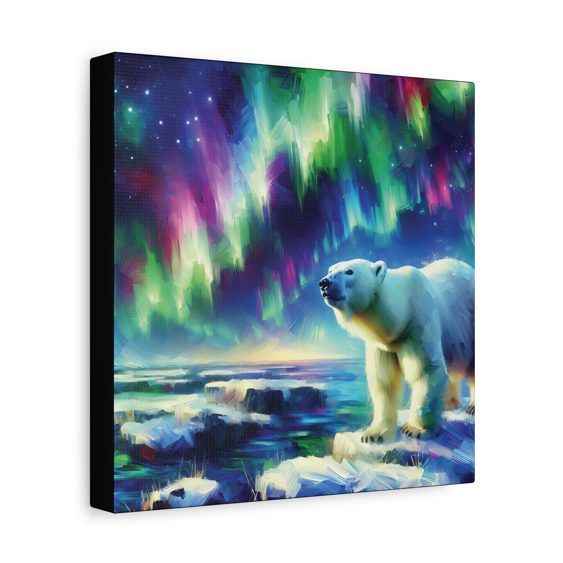 Canvas print of a polar bear under a colorful aurora borealis sky.