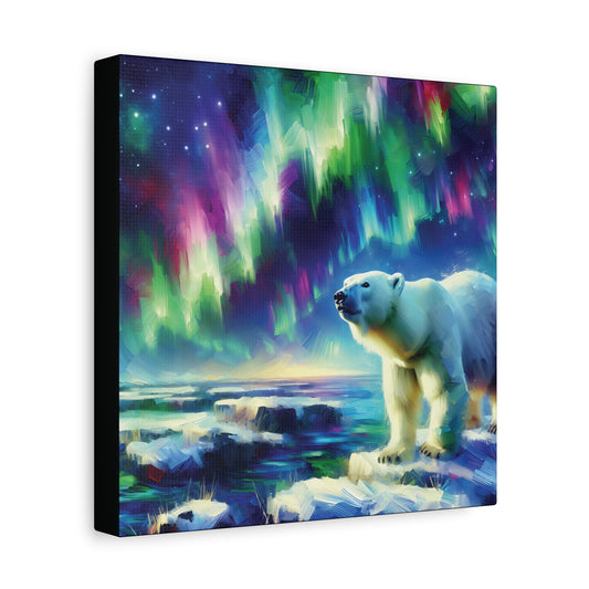 Canvas print of a polar bear under a colorful aurora borealis sky.
