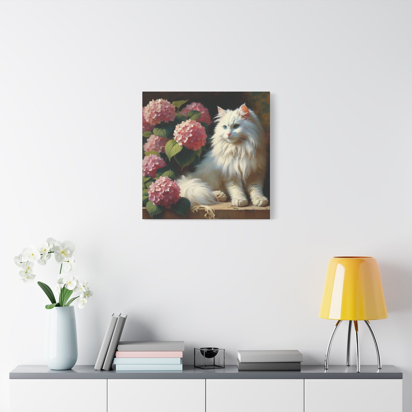 Canvas Wall Art - Blue-Eyed White Cat with Pink Hydrangeas, Impressionist Style Square Print
