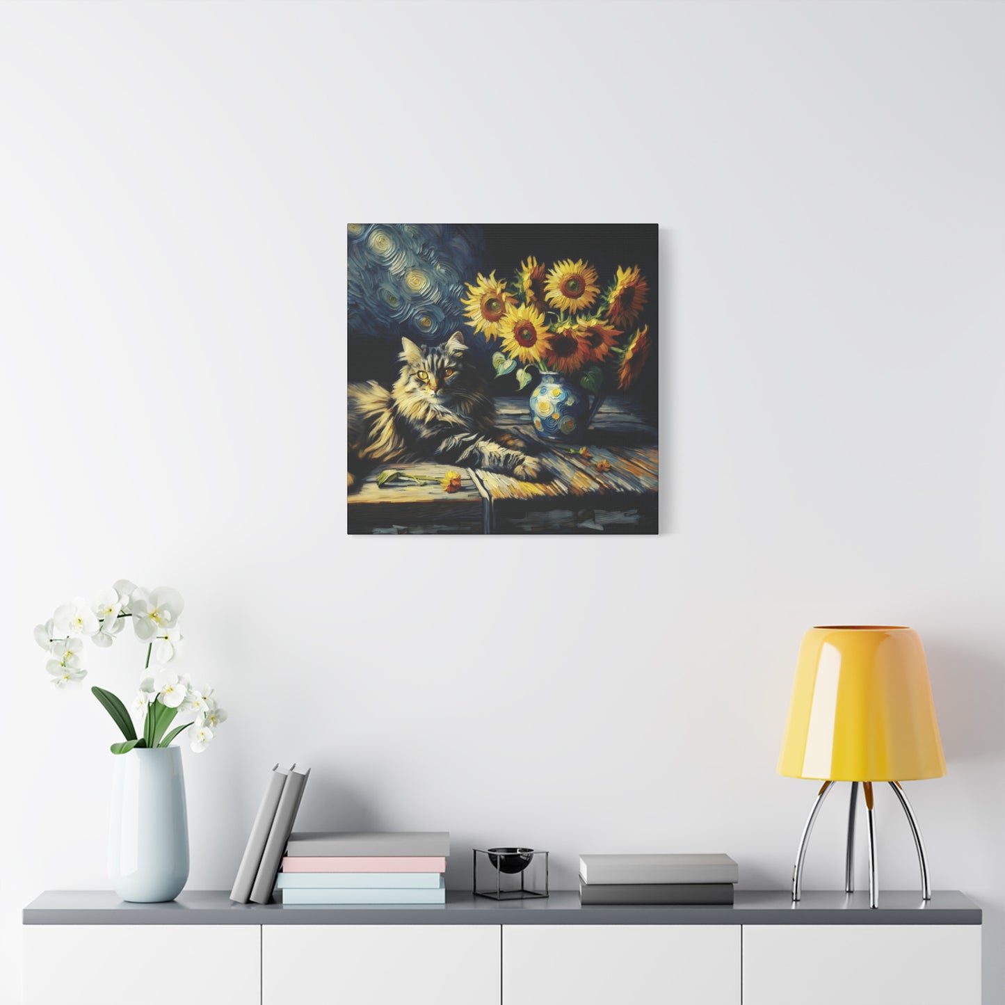 Canvas Wall Art - Grey Tabby Cat with Sunflowers - Old Master Style Art