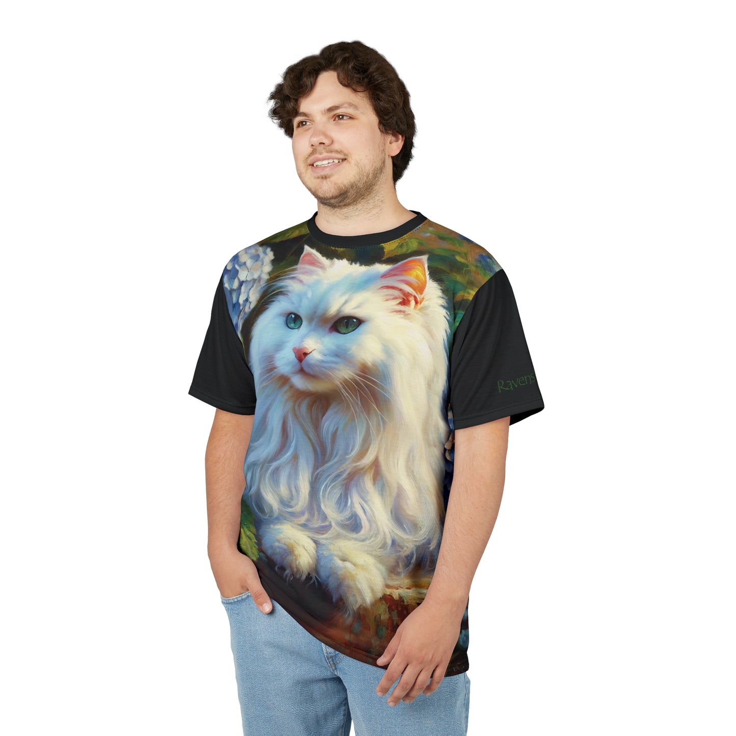 White Cat with Hydrangeas Vibrant Art Tee | Colorful Unisex Cut & Sew T-Shirt, Cat Lover Apparel, Unique Graphic Tee, Birthday Gift