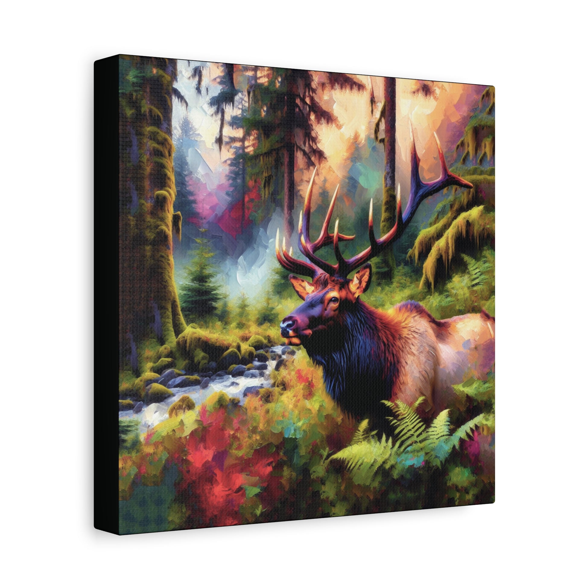 Canvas print of an elk in a forest with colorful foliage