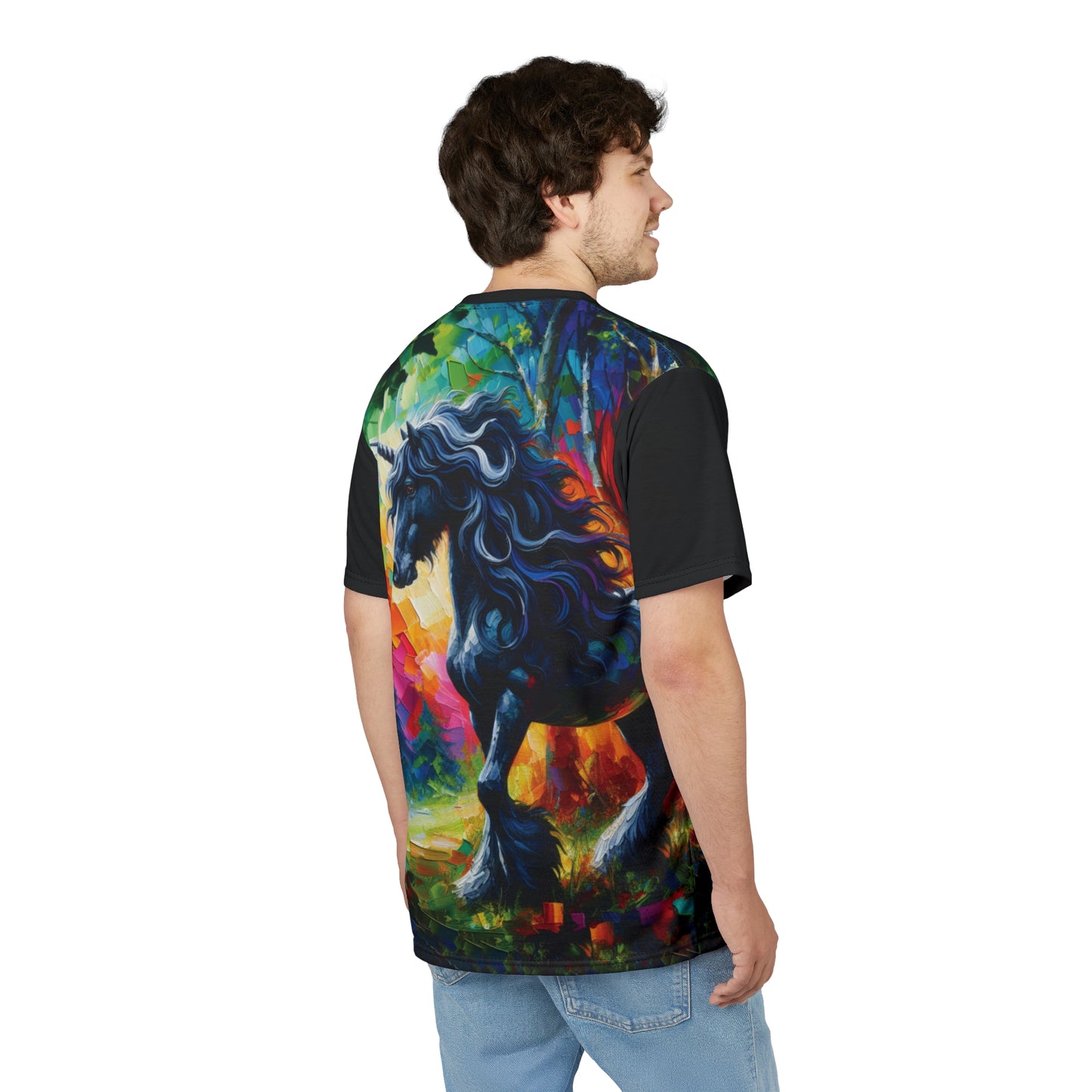 Elegant Black Stallion Unicorn Art Tee | Colorful Unisex Cut & Sew T-Shirt, Wildlife Apparel, Unique Graphic Tee