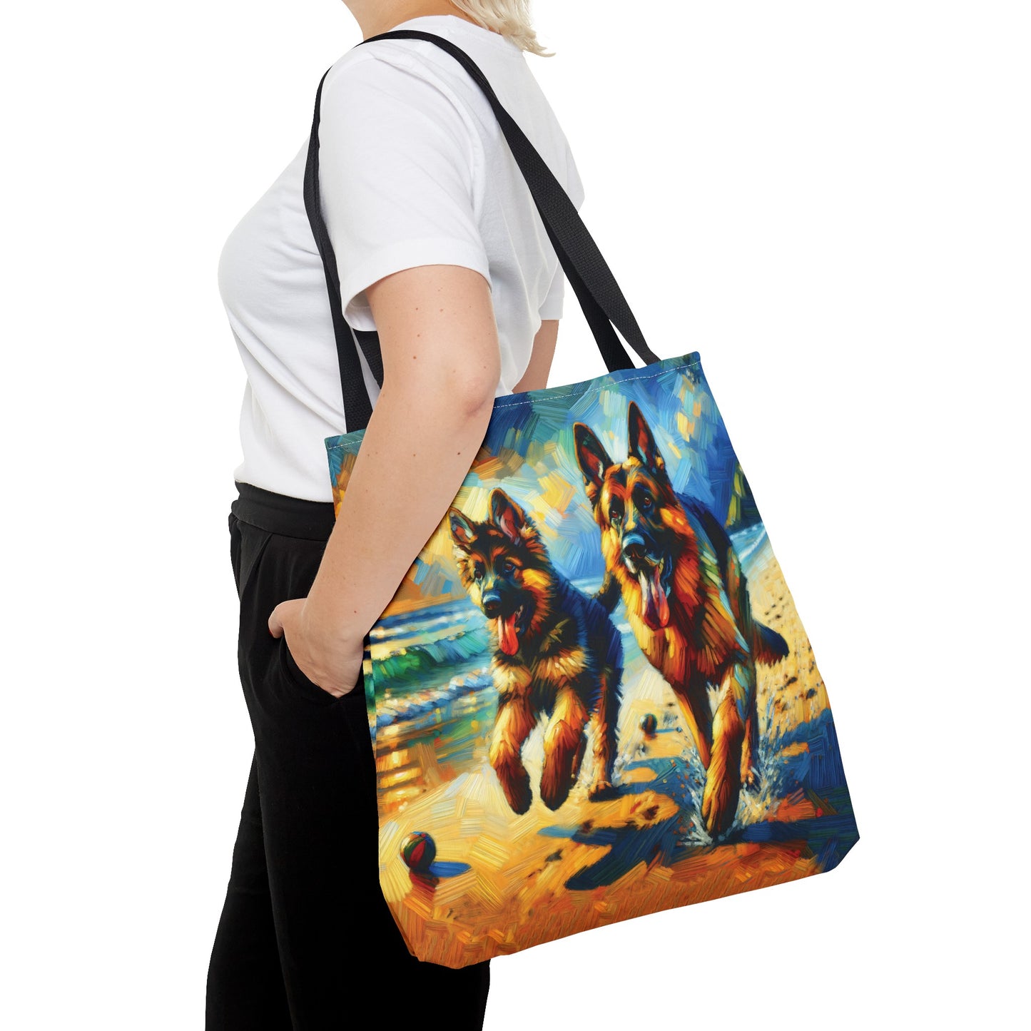 German Shepherd and Pup on Beach - Tote Bag