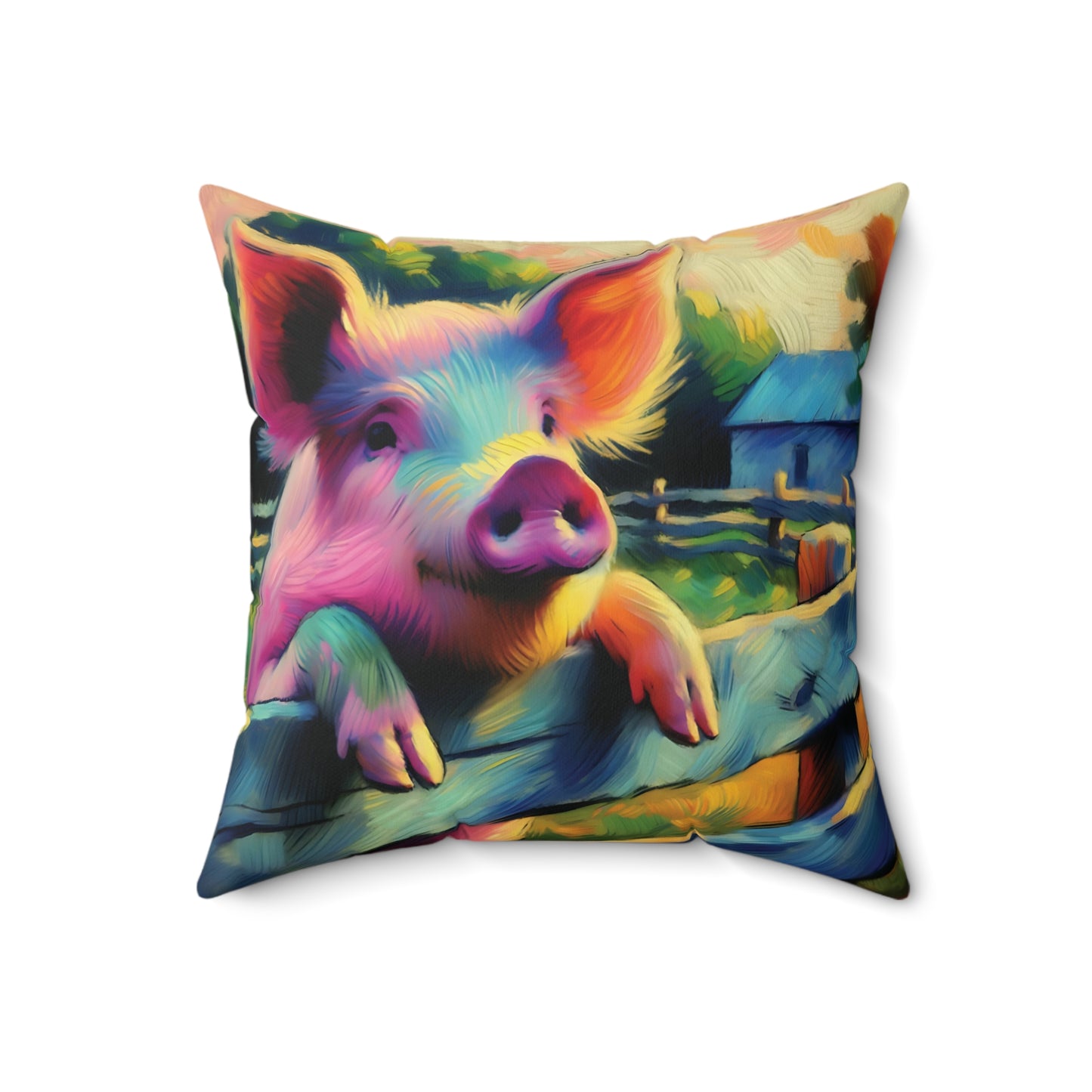 Pig Throw Pillow - Impressionist Style Art - Cute Pig with Fence on Faux Suede Square Pillow