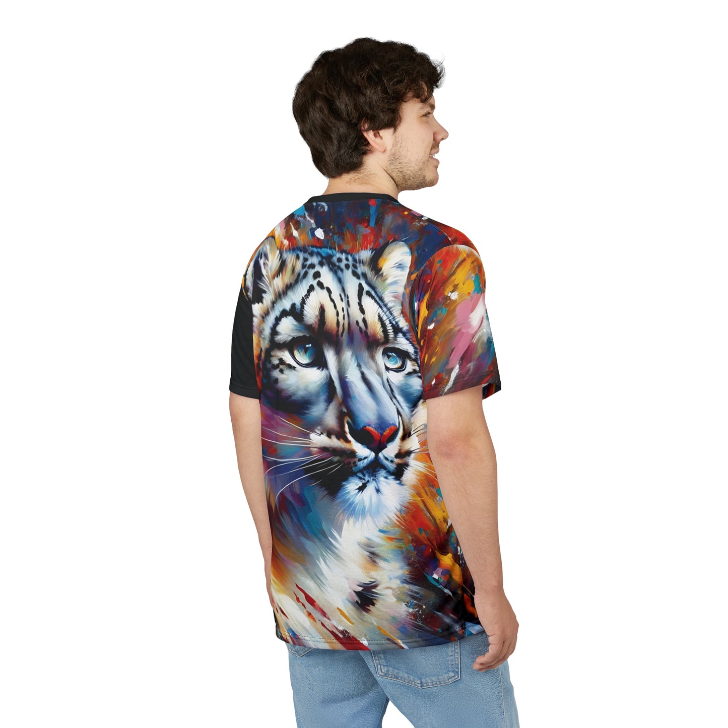 Colorful Snow Leopard Vibrant Art Tee | Colorful Unisex Cut & Sew T-Shirt, Wildlife Apparel, Unique Graphic Tee, Birthday Gift