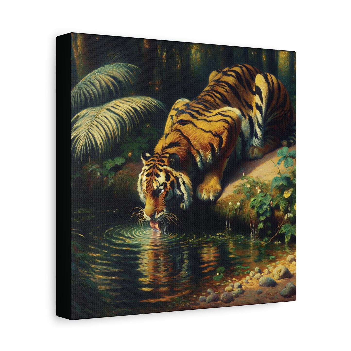 Canvas print of tiger by a water body with foliage.
