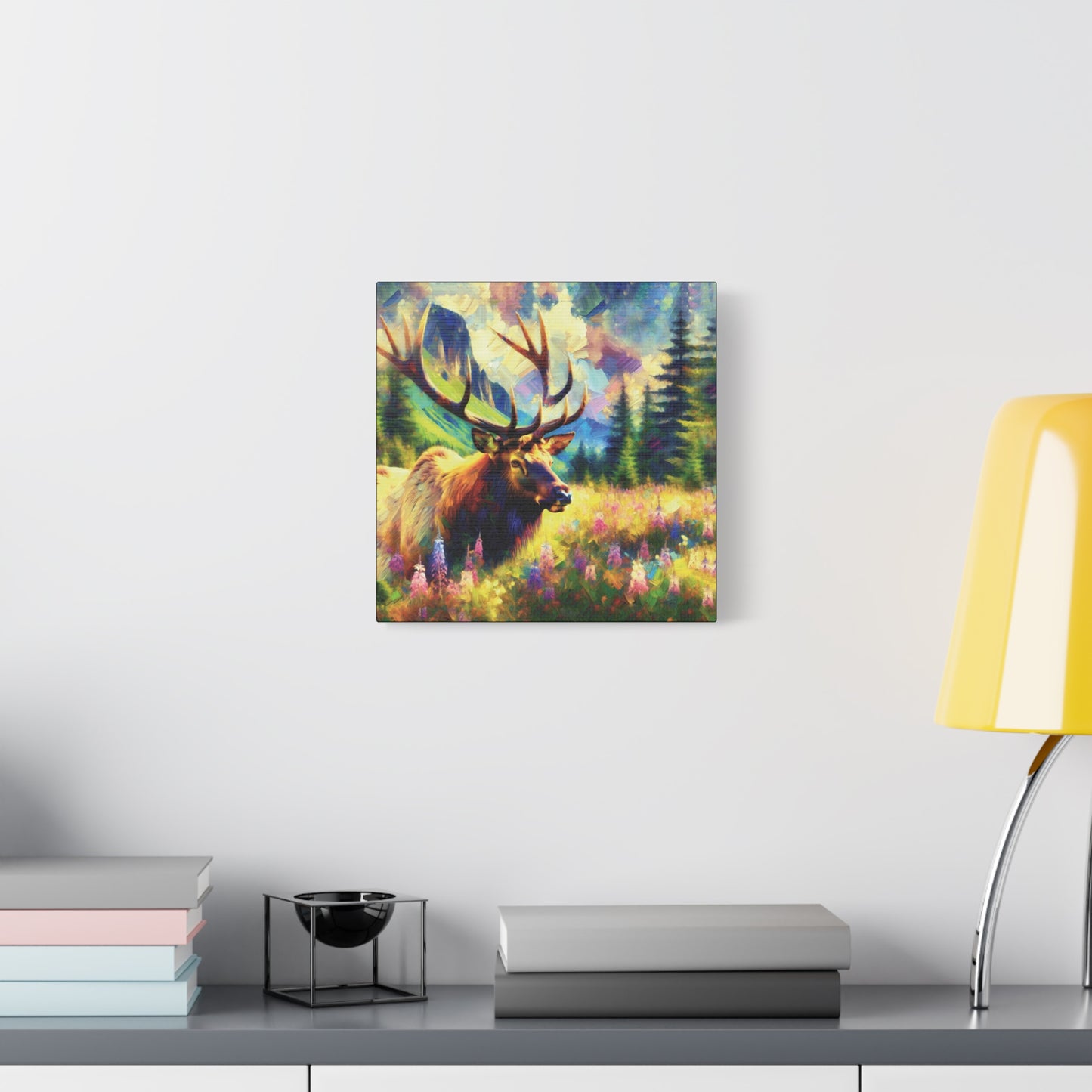 Bull Elk in Mountain Meadow Impressionist Canvas Art Print