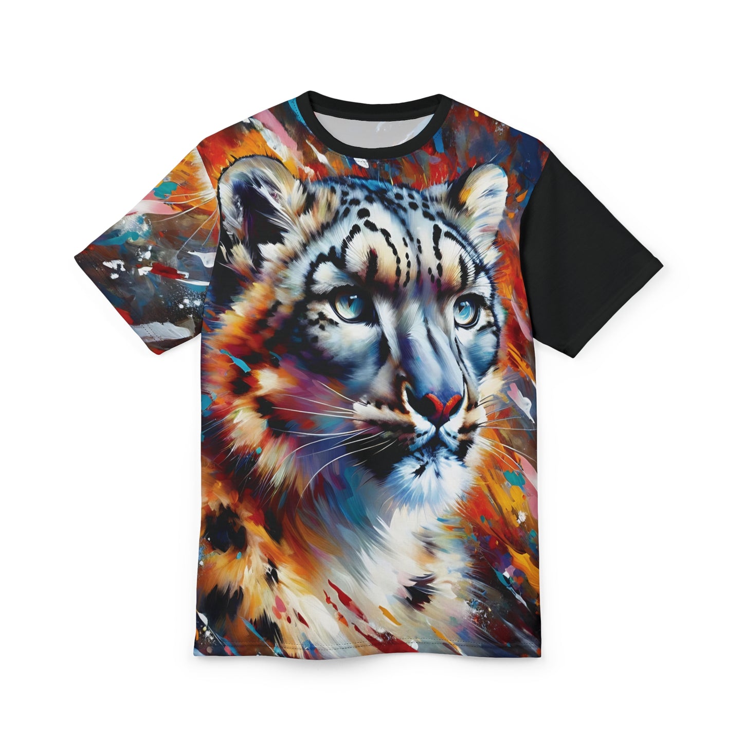 Colorful Snow Leopard Vibrant Art Tee | Colorful Unisex Cut & Sew T-Shirt, Wildlife Apparel, Unique Graphic Tee, Birthday Gift