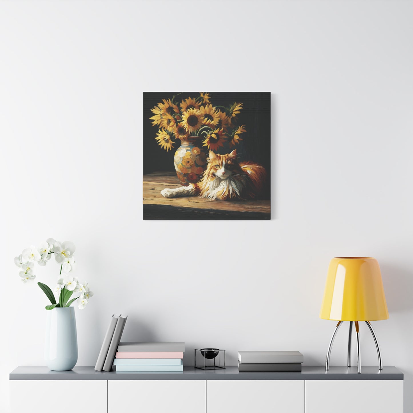 Canvas Wall Art - Orange and White Cat with Sunflowers Old Master Style Art