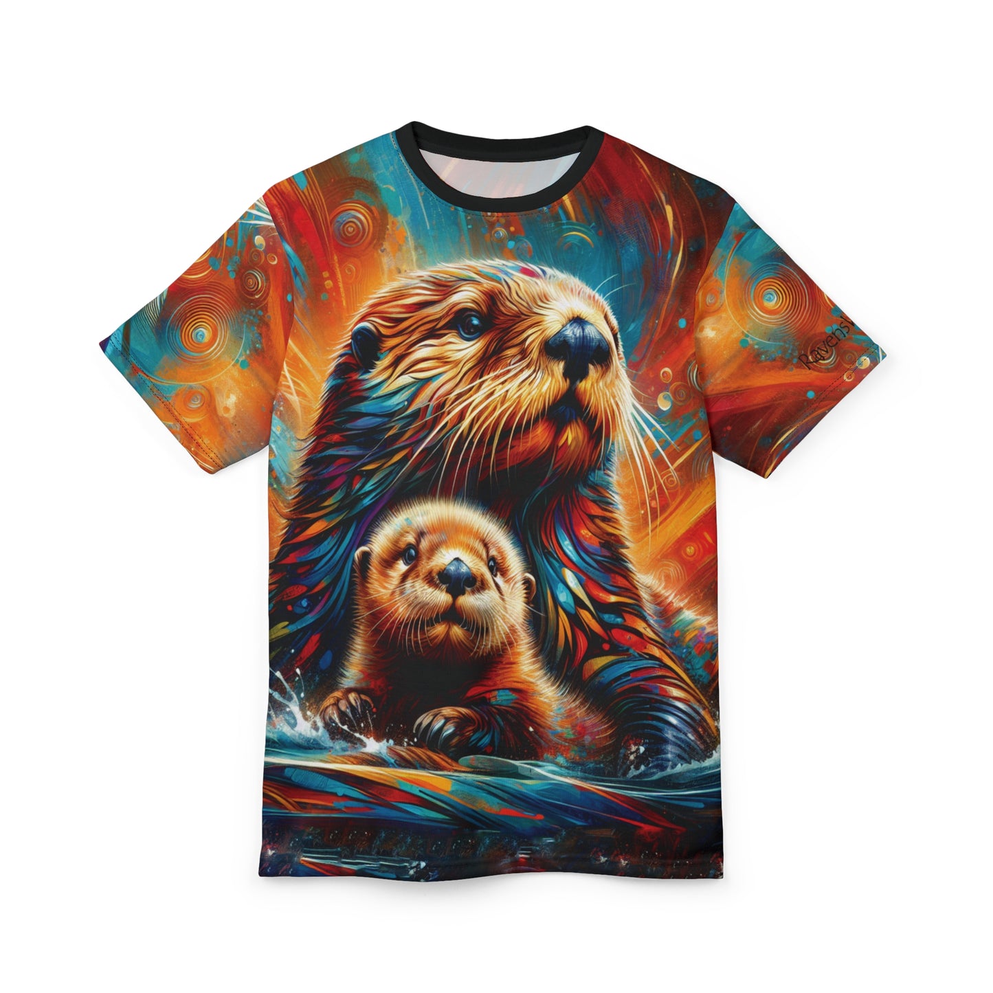 Sea Otters at Sunset Vibrant Art Tee | Colorful Unisex Cut & Sew T-Shirt, Wildlife Apparel, Unique Graphic Tee, Birthday Gift