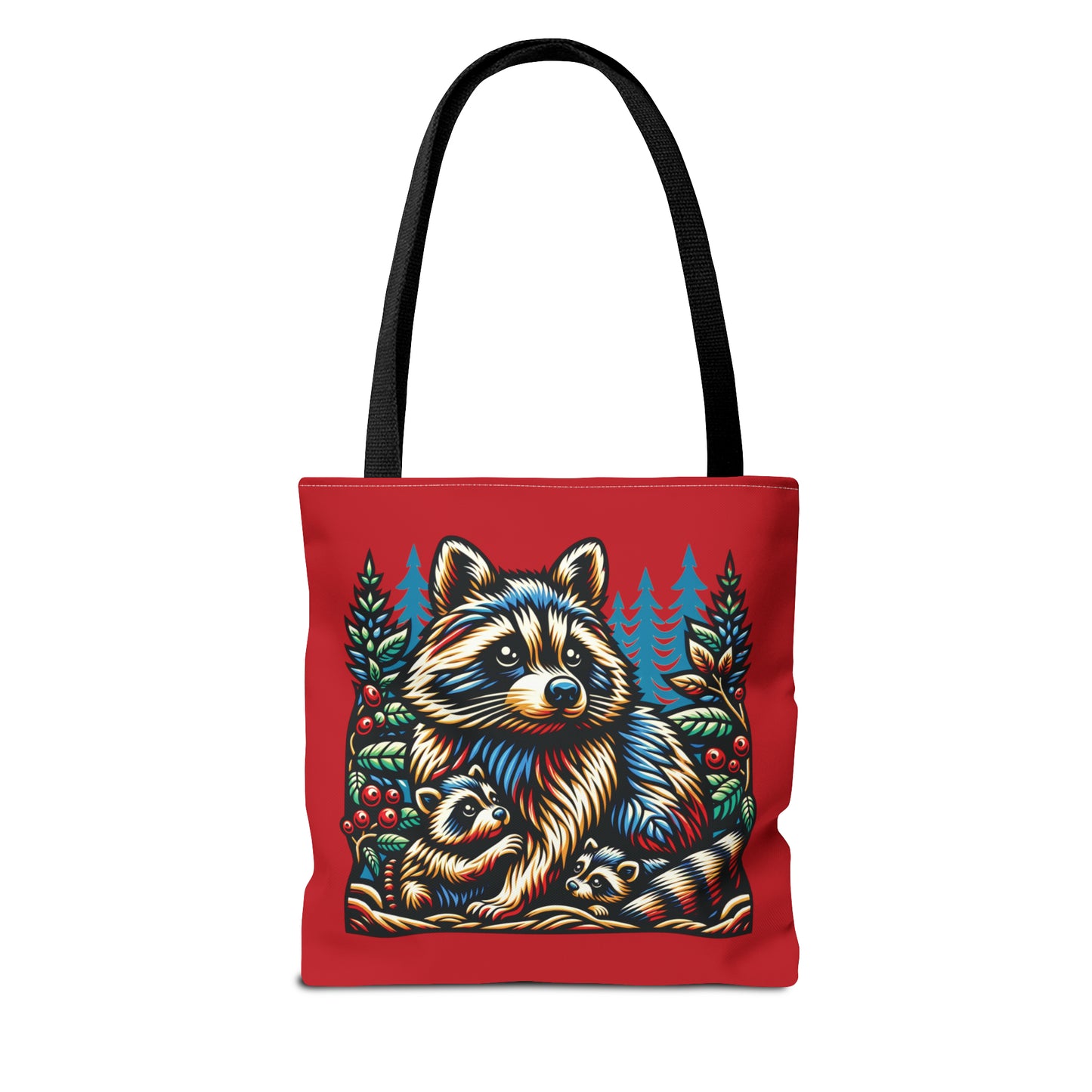 Woodcut Raccoon and Kits Tote Bag